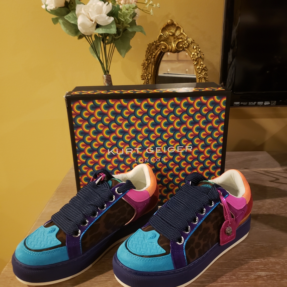 Last One! Kurt Geiger Multicolor Southbank Tag Leopard Low-Top Sneakers w/ Eagle - Picture 8 of 13